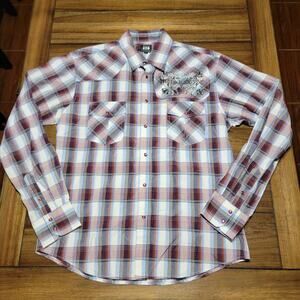 Muskogee LS Maroon Plaid Pearl Snap Western Shirt - Size XL